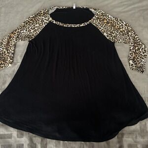 Angel Heart Boutique Tunic Shirt 3X Black Leopard Print Raglan Trapeze Swing Top